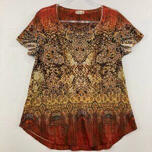 World Unity size Large Red Brown Abstract Boho Print Festival Casual Stretch Top